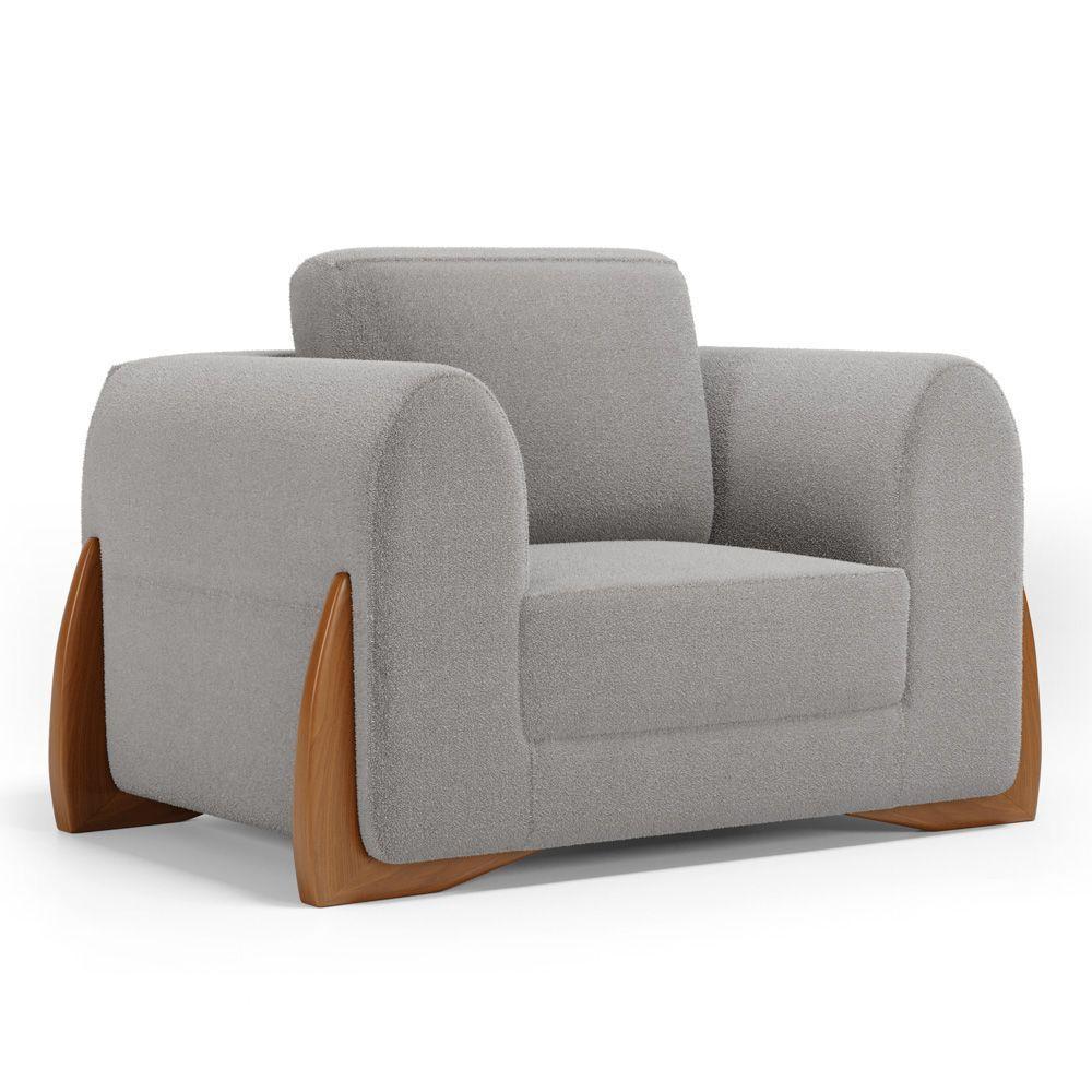 Kit 02 Poltronas Decorativas Living Bloom Com Pés De Madeira Bouclê Cinza - Desk Design - 4