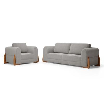 Kit Poltrona E Sofá Bloom 160cm 02 Lugares Com Pés De Madeira Bouclê Cinza - Desk Design