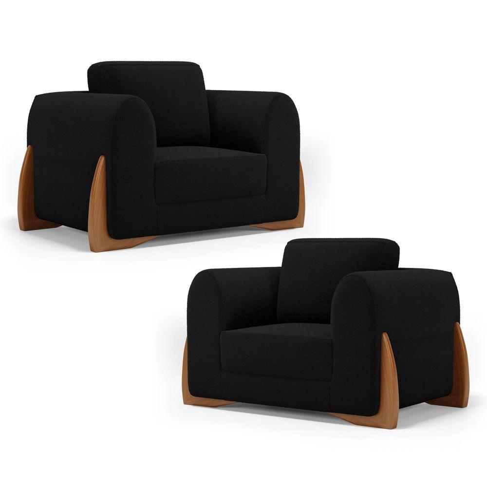 Kit 02 Poltronas Decorativas Living Bloom Com Pés De Madeira Bouclê Preto - Desk Design - 1