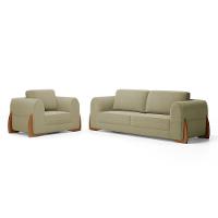 Kit 02 Poltronas E 01 Sofá Bloom 220cm 03 Lugares Com Pés De Madeira Bouclê Bege - Desk Design - 9