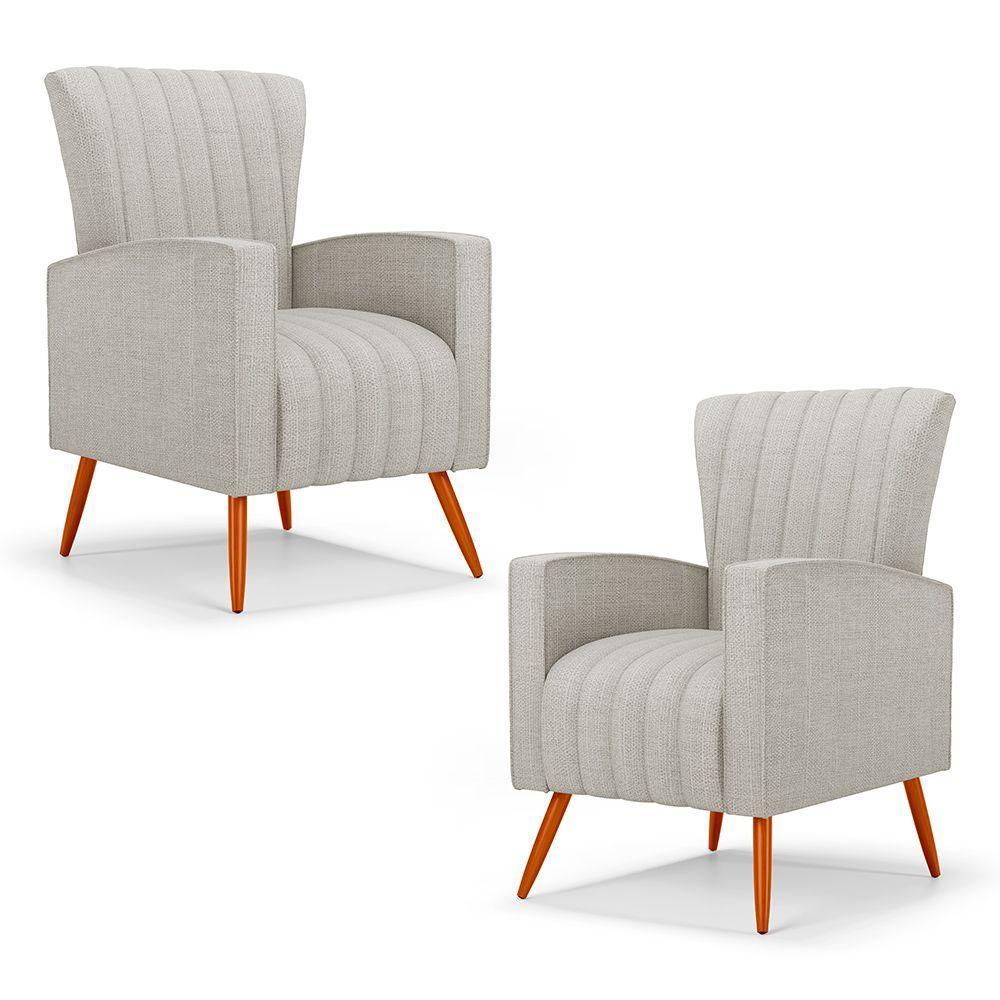 Kit 02 Poltronas Decorativas Melody Com Pés Palito Linho Cinza Claro - Desk Design - 1