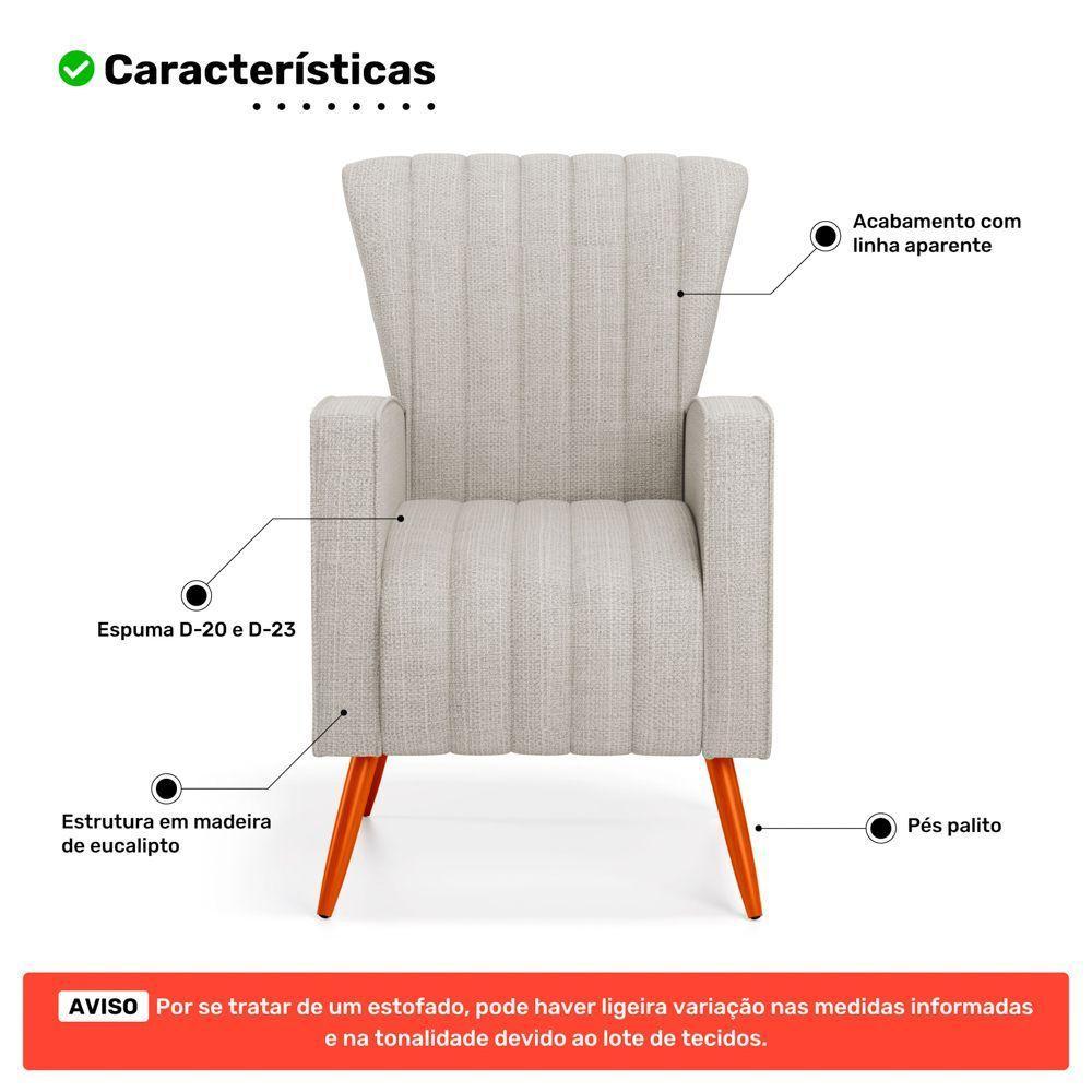 Kit 02 Poltronas Decorativas Melody Com Pés Palito Linho Cinza Claro - Desk Design - 4