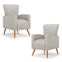 Kit 02 Poltronas Decorativas Melody Com Pés Palito Linho Cinza Claro - Desk Design - 1