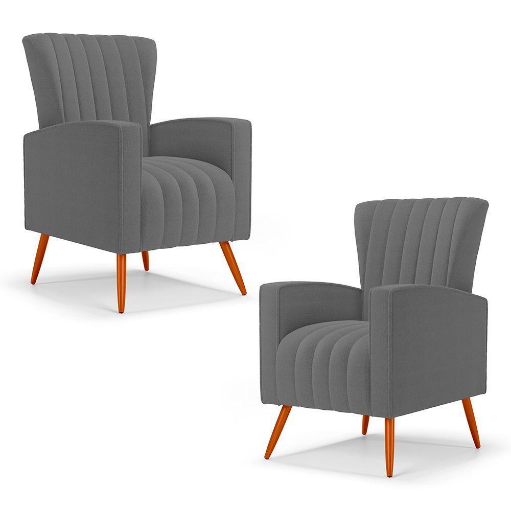 Kit 02 Poltronas Decorativas Melody Com Pés Palito Bouclê Cinza Escuro - Desk Design - 1