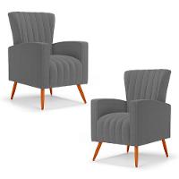 Kit 02 Poltronas Decorativas Melody Com Pés Palito Bouclê Cinza Escuro - Desk Design - 1