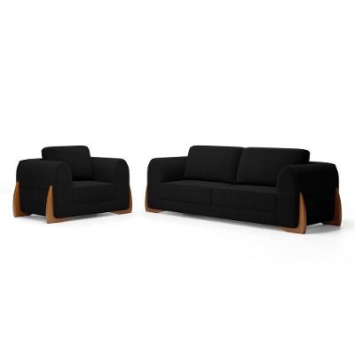 Kit Poltrona E Sofá Bloom 220cm 03 Lugares Com Pés De Madeira Bouclê Preto - Desk Design