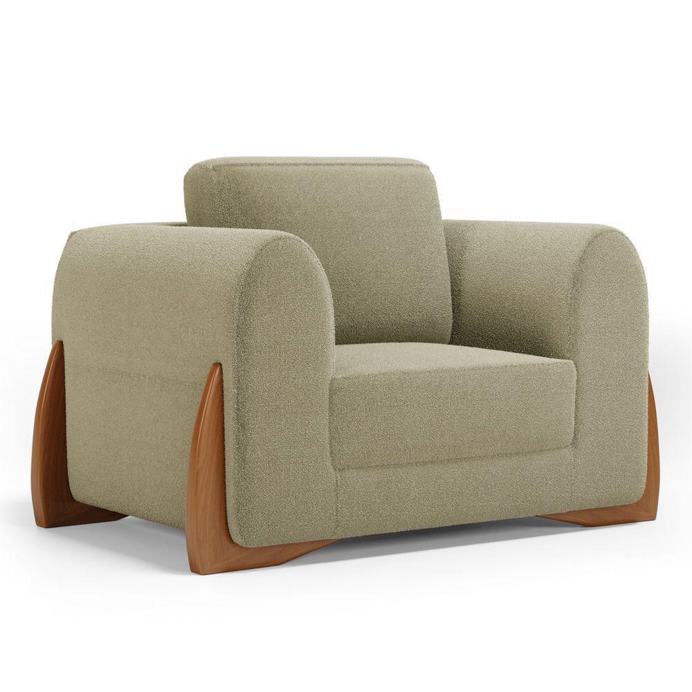 Poltrona Decorativa Living Bloom Com Pés De Madeira Bouclê Bege - Desk Design - 1