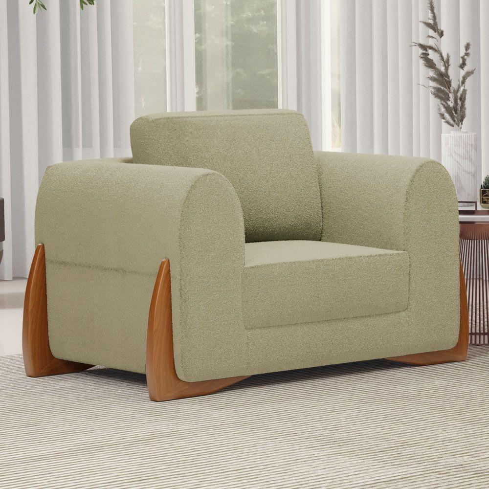 Poltrona Decorativa Living Bloom Com Pés De Madeira Bouclê Bege - Desk Design - 9