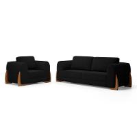 Kit Poltrona E Sofá Bloom 180cm 02 Lugares Com Pés De Madeira Bouclê Preto - Desk Design - 1