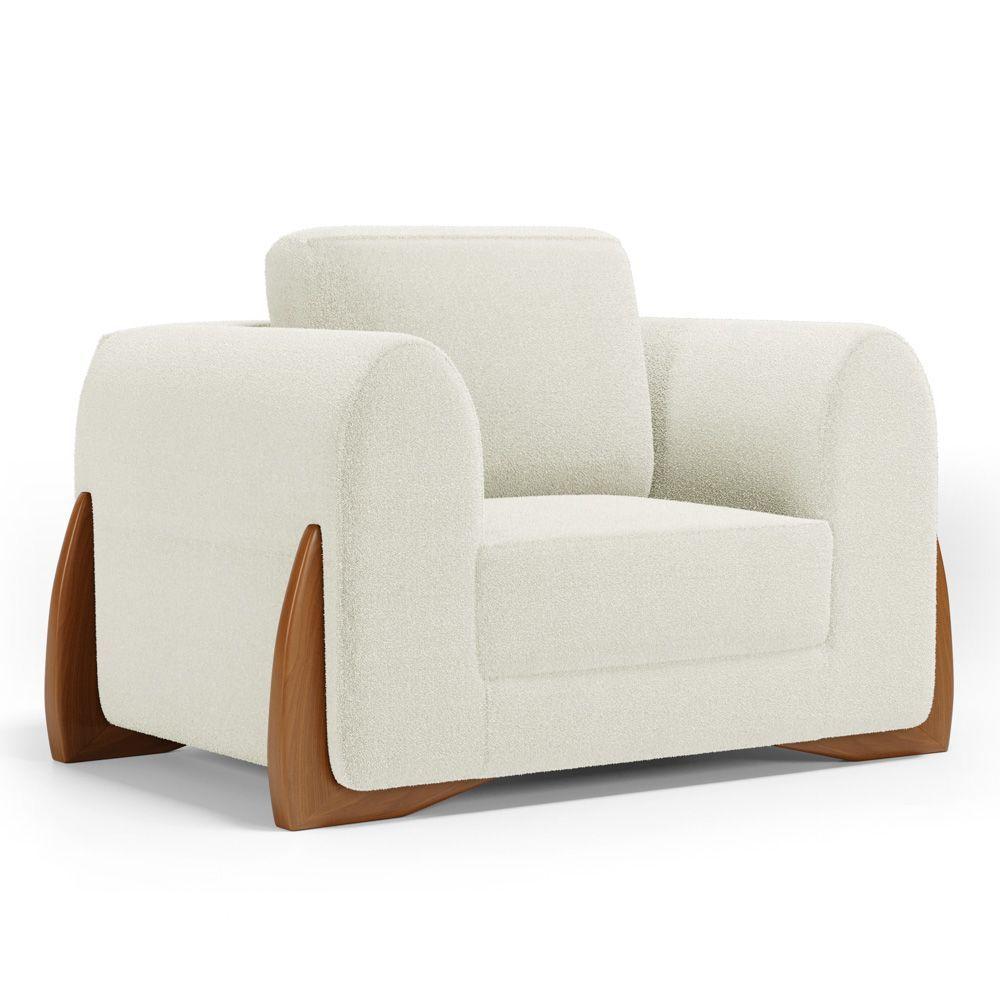 Kit Poltrona E Sofá Bloom 220cm 03 Lugares Com Pés De Madeira Bouclê Off White - Desk Design - 6