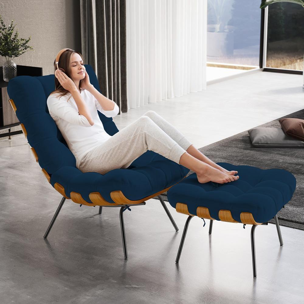 Kit 2 Poltronas Decorativas Sala De Estar Costela L02 Suede Azul Marinho - Lyam Decor - 6