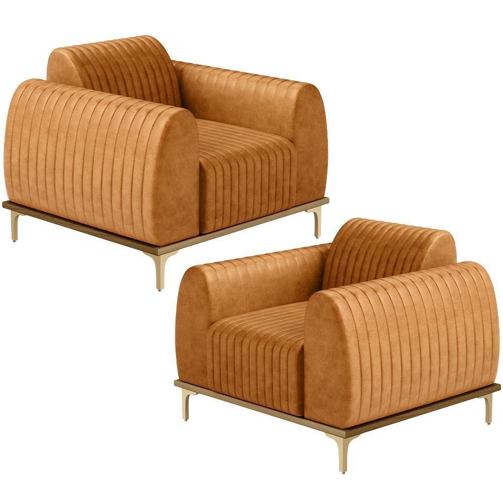 Kit 02 Poltronas Decorativa Base Madeira Pés D\'ouro Molino D02 Couríssimo Whisky B-90 - Lyam - 1