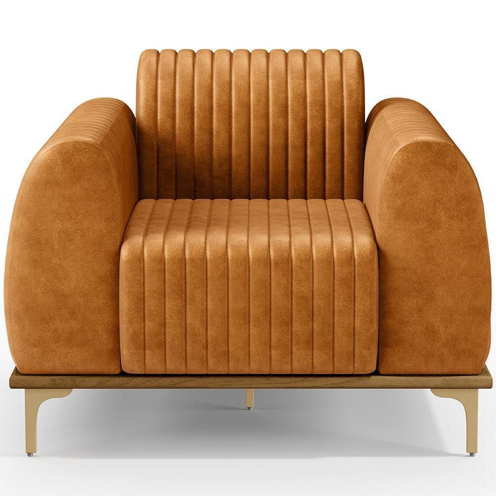 Kit 02 Poltronas Decorativa Base Madeira Pés D\'ouro Molino D02 Couríssimo Whisky B-90 - Lyam - 5