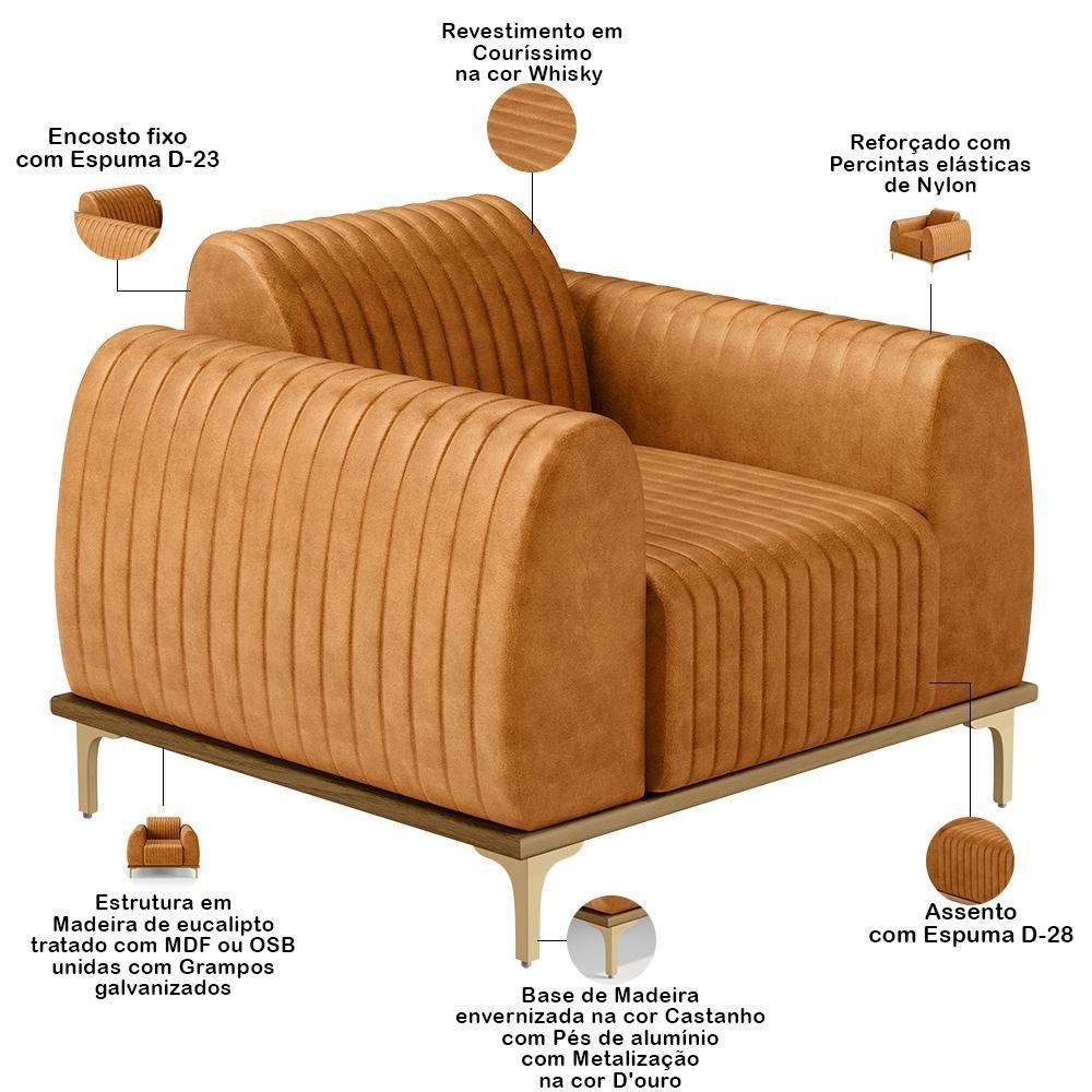 Kit 02 Poltronas Decorativa Base Madeira Pés D\'ouro Molino D02 Couríssimo Whisky B-90 - Lyam - 7