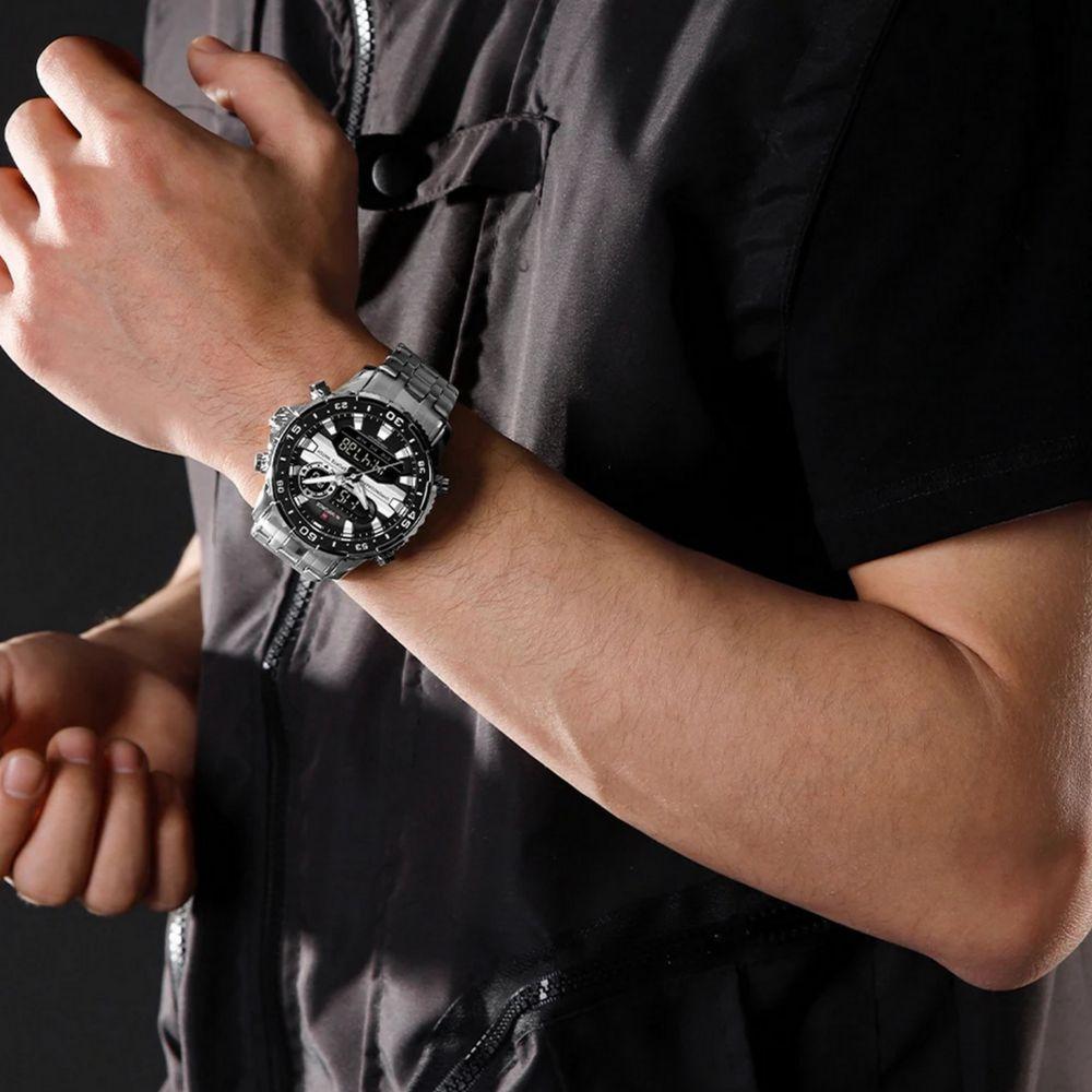 Relógio Analógico Masculino Impermeável Pulseira De Aço Inoxidável Digital Prata - 3