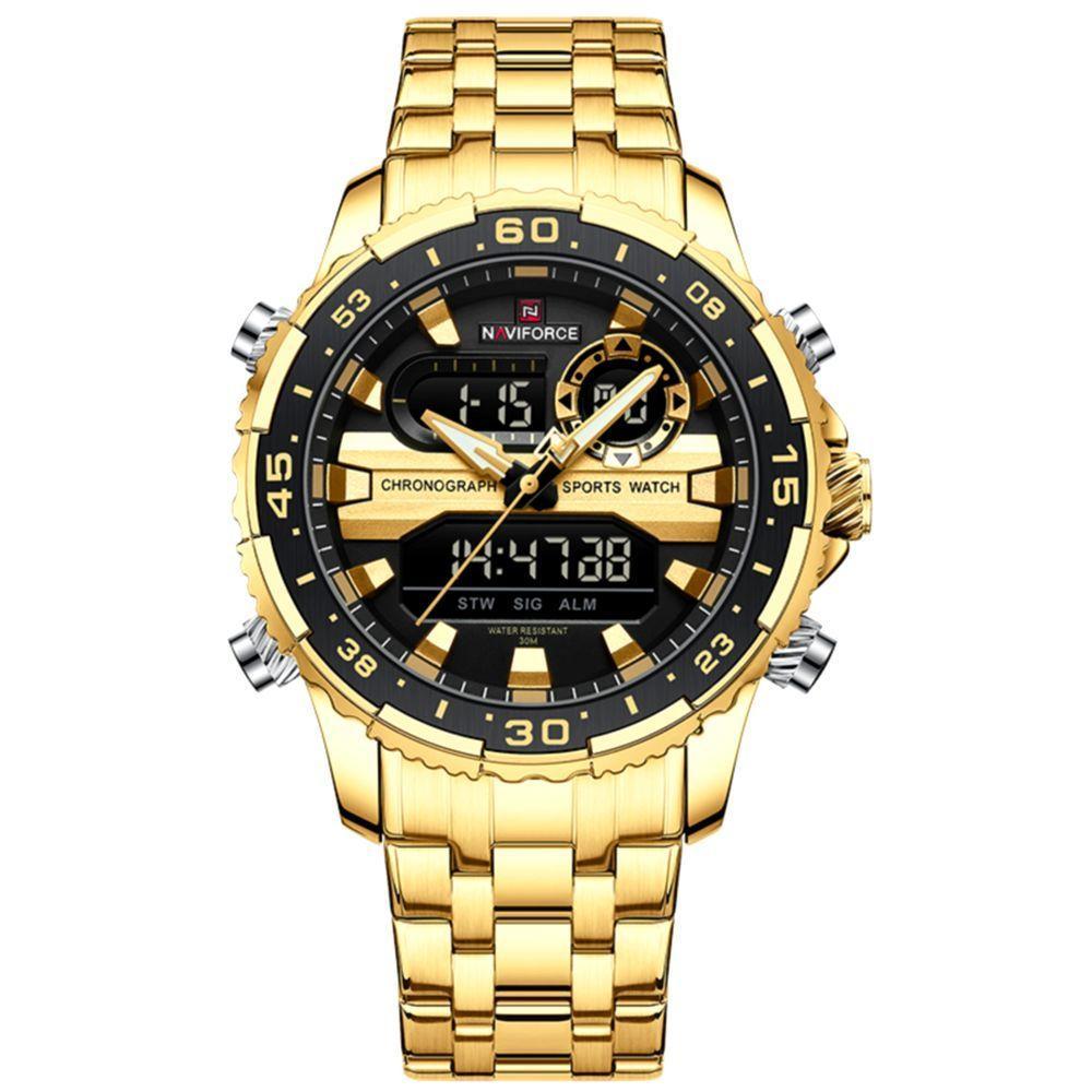 Relógio Analógico Masculino Impermeável Pulseira De Aço Inoxidável Digital Preto Dourado - 1