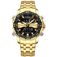 Relógio Analógico Masculino Impermeável Pulseira De Aço Inoxidável Digital Preto Dourado - 1