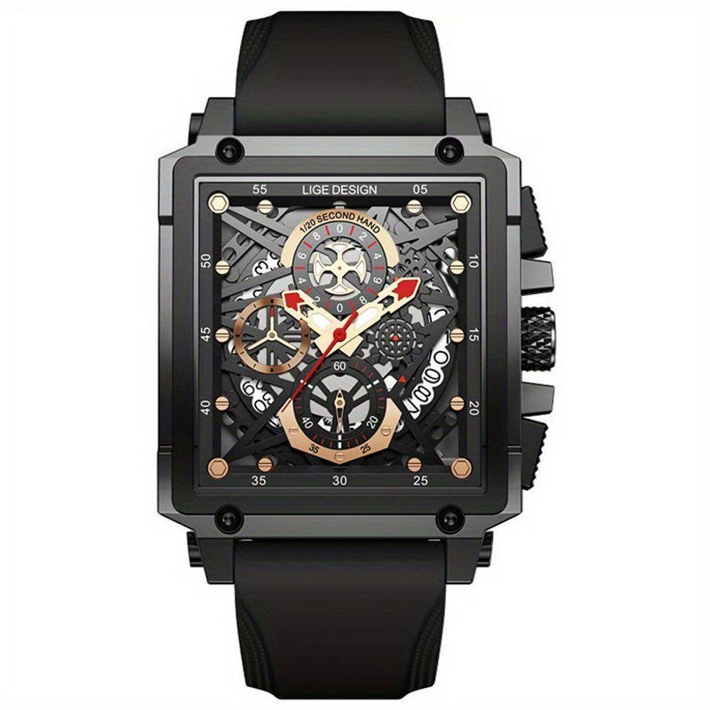 Relógio Masculino Lige, Quadrado De Pulso à Prova D'água Com Pulseira De Silicone Quartzo Esportivo Preto - 1