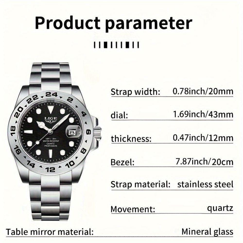 Relógio Masculinos Lige, Moda à Prova D'água Com Data Luminosa, Relógio De Quartzo Em Aço Inoxidável Branco - 2