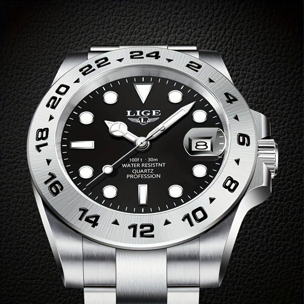 Relógio Masculinos Lige, Moda à Prova D'água Com Data Luminosa, Relógio De Quartzo Em Aço Inoxidável Preto - 2