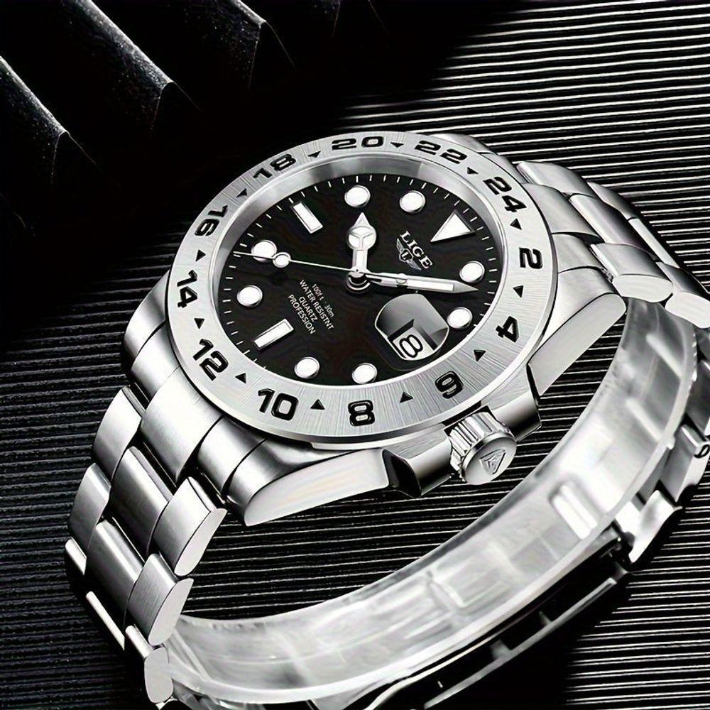 Relógio Masculinos Lige, Moda à Prova D'água Com Data Luminosa, Relógio De Quartzo Em Aço Inoxidável Preto - 3