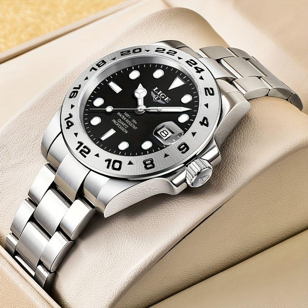 Relógio Masculinos Lige, Moda à Prova D'água Com Data Luminosa, Relógio De Quartzo Em Aço Inoxidável Preto - 5