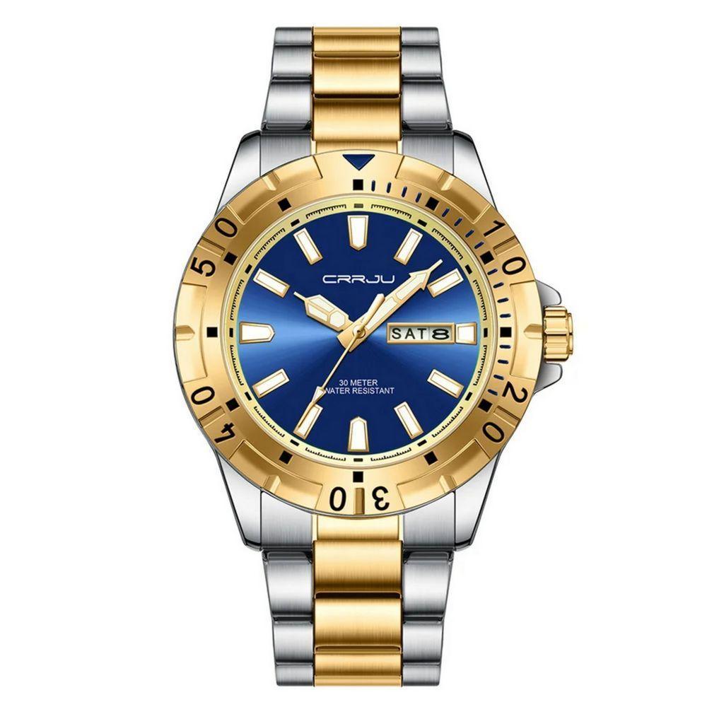 Relógio De Quartzo Em Aço Inoxidável Impermeável Masculino Clássico Analógico Azul Dourado - 1