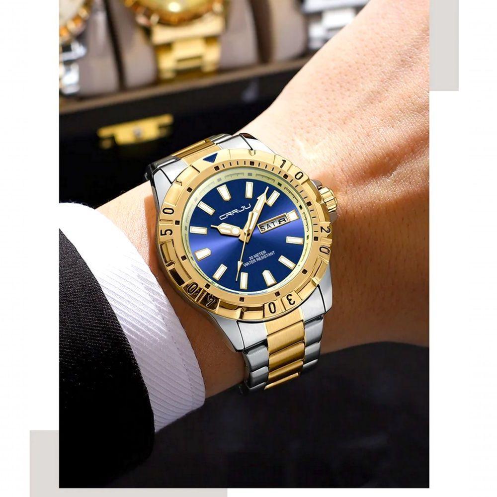 Relógio De Quartzo Em Aço Inoxidável Impermeável Masculino Clássico Analógico Azul Dourado - 3