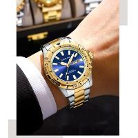 Relógio De Quartzo Em Aço Inoxidável Impermeável Masculino Clássico Analógico Azul Dourado - 3