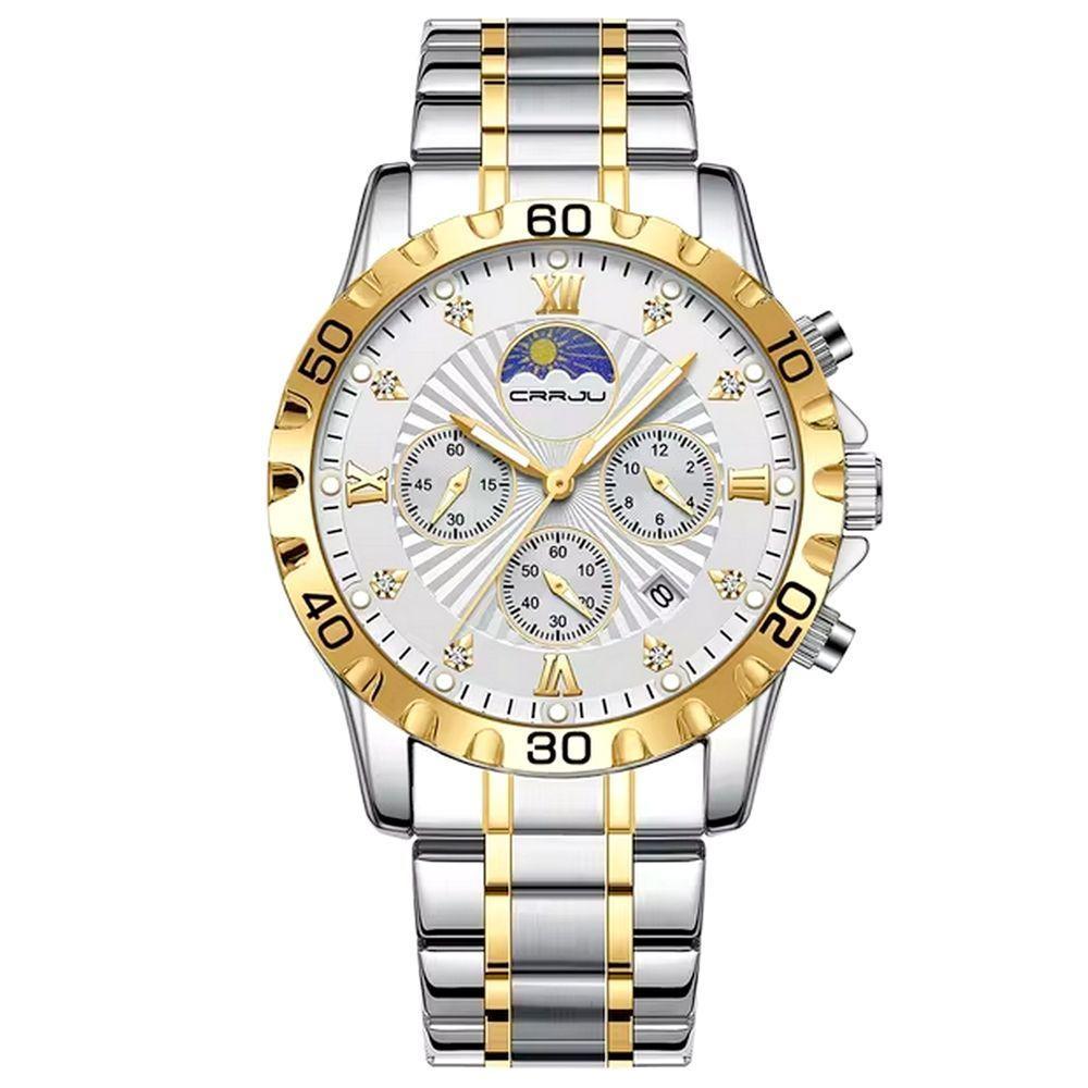 Relógio De Pulso De Quartzo Masculino Multifuncional Em Aço Inoxidável Impermeavel Branco - 1