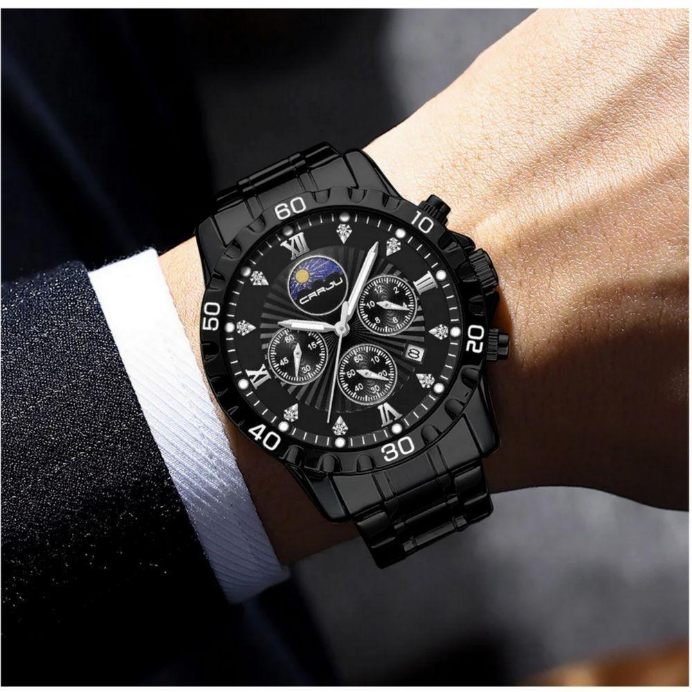 Relógio De Pulso De Quartzo Masculino Multifuncional Em Aço Inoxidável Impermeavel Preto - 3