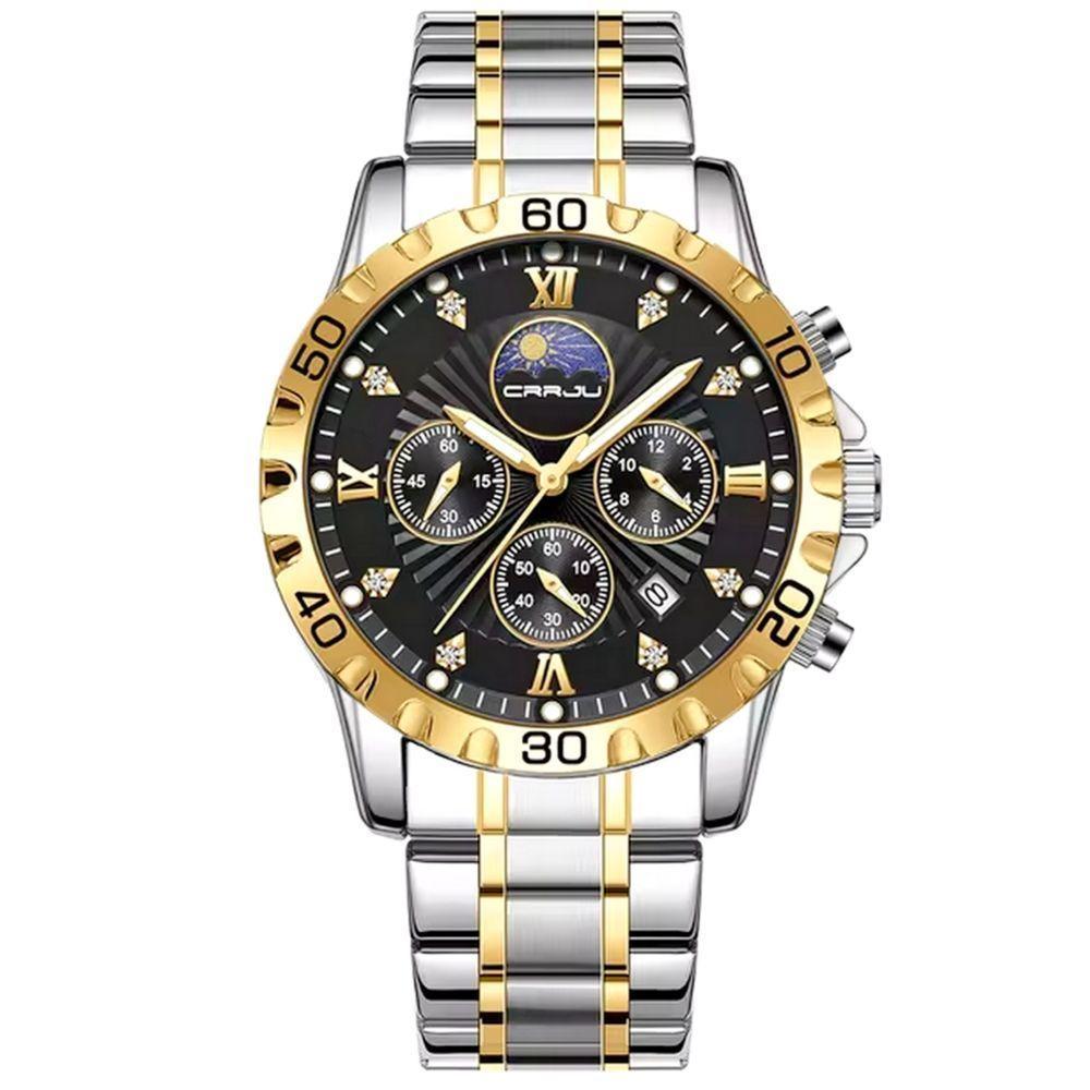 Relógio De Pulso De Quartzo Masculino Multifuncional Em Aço Inoxidável Impermeavel Preto Dourado - 1
