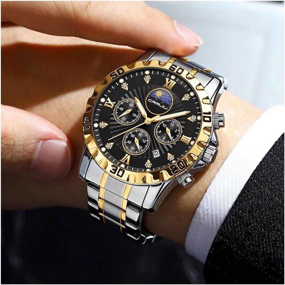 Relógio De Pulso De Quartzo Masculino Multifuncional Em Aço Inoxidável Impermeavel Preto Dourado - 3