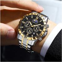 Relógio De Pulso De Quartzo Masculino Multifuncional Em Aço Inoxidável Impermeavel Preto Dourado - 3