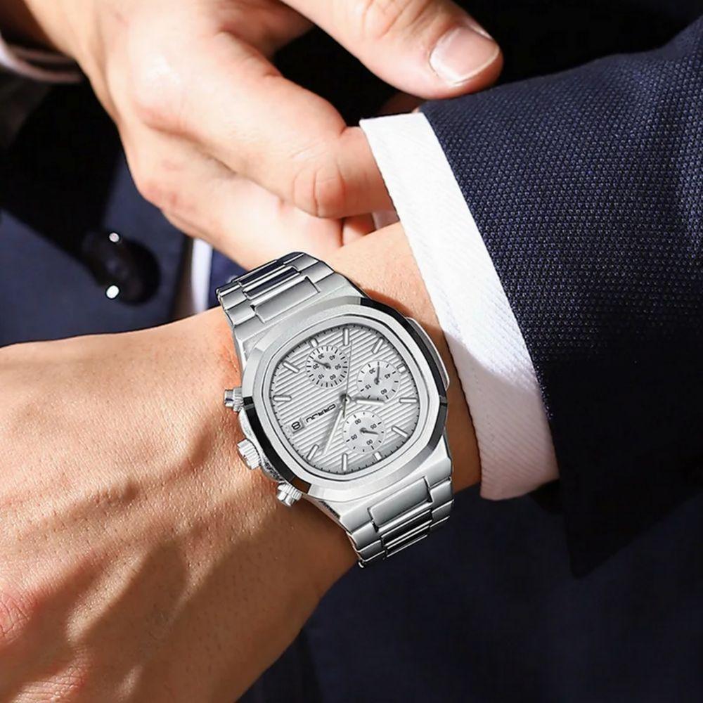 Relógio De Pulso Masculino Analógico Com Pulseira De Aço Inoxidável Impermeável 3atm Branco - 3