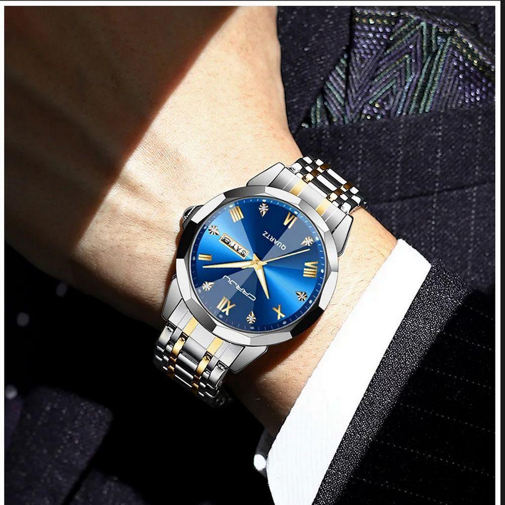 Relógio Analógico Masculino De Quartzo Impermeável Em Aço Inoxidável Classico Azul Dourado - 3