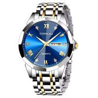 Relógio Analógico Masculino De Quartzo Impermeável Em Aço Inoxidável Classico Azul Dourado - 1