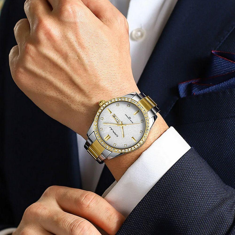 Relógio Masculino Analógico Impermeável Em Aço Inoxidável Data Automática Branco Dourado - 2