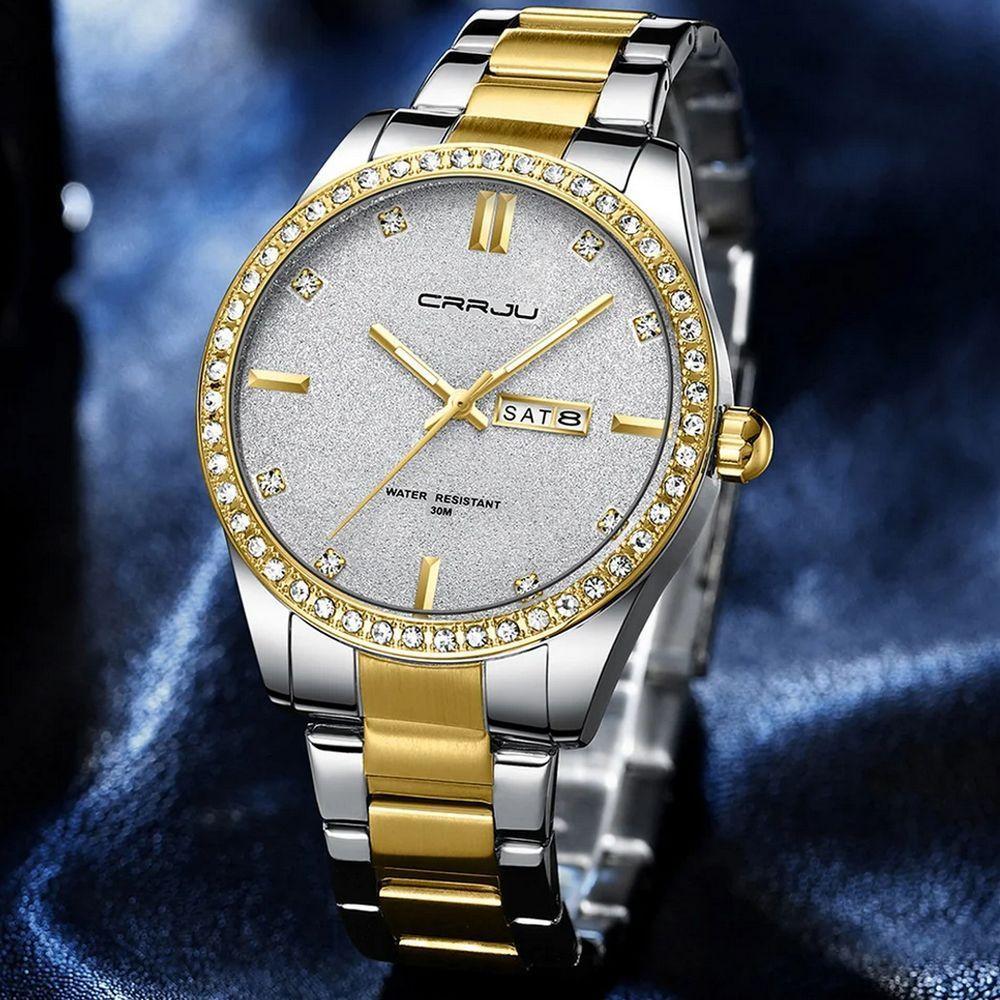 Relógio Masculino Analógico Impermeável Em Aço Inoxidável Data Automática Branco Dourado - 3