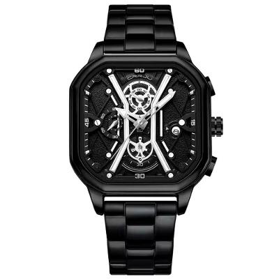 Relógio Masculino De Quartzo Em Aço Inoxidável Impermeável Design Quadrado Luminoso Preto