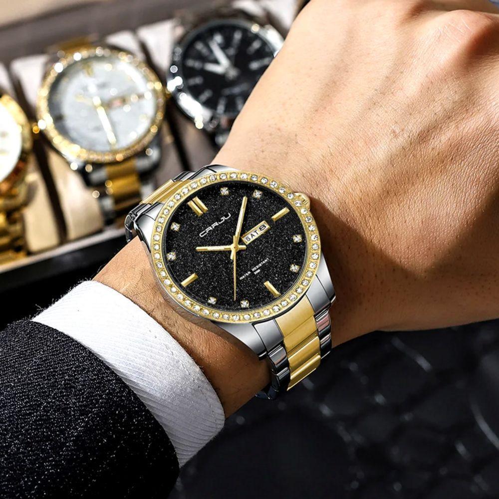 Relógio Masculino Analógico Impermeável Em Aço Inoxidável Data Automática Preto Dourado - 2