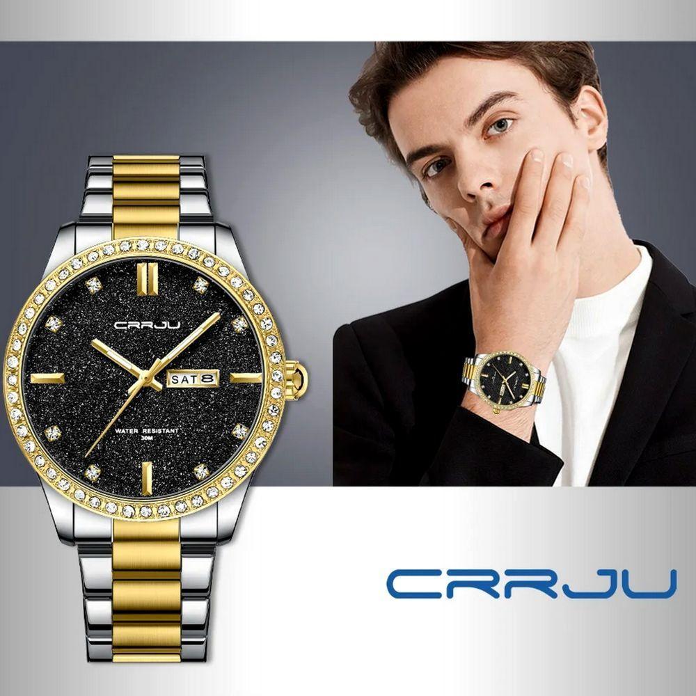 Relógio Masculino Analógico Impermeável Em Aço Inoxidável Data Automática Preto Dourado - 3