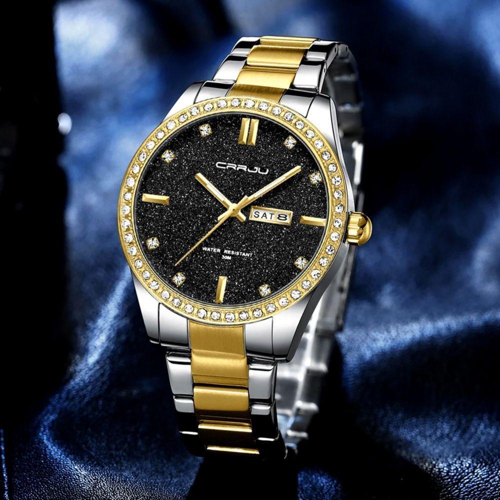 Relógio Masculino Analógico Impermeável Em Aço Inoxidável Data Automática Preto Dourado - 4