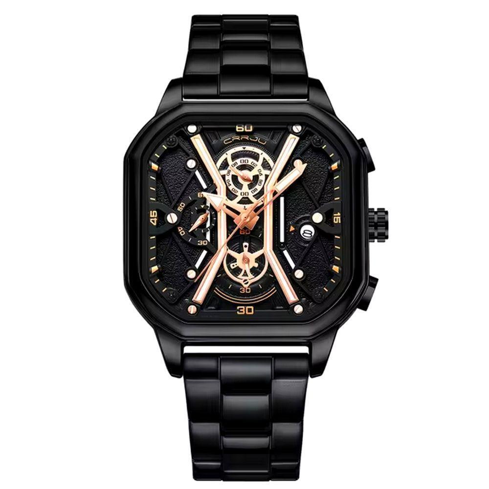 Relógio Masculino De Quartzo Em Aço Inoxidável Impermeável Design Quadrado Luminoso Preto Fosco - 1