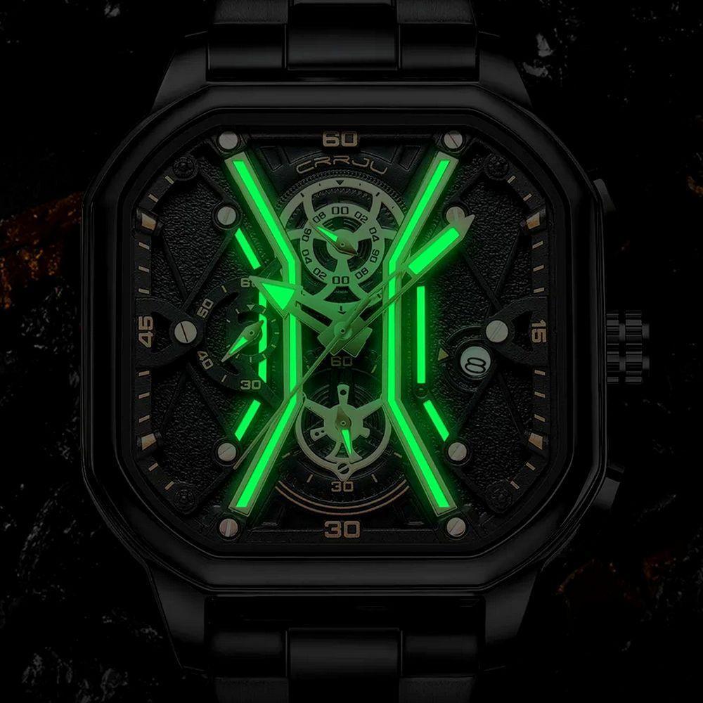 Relógio Masculino De Quartzo Em Aço Inoxidável Impermeável Design Quadrado Luminoso Preto Fosco - 2