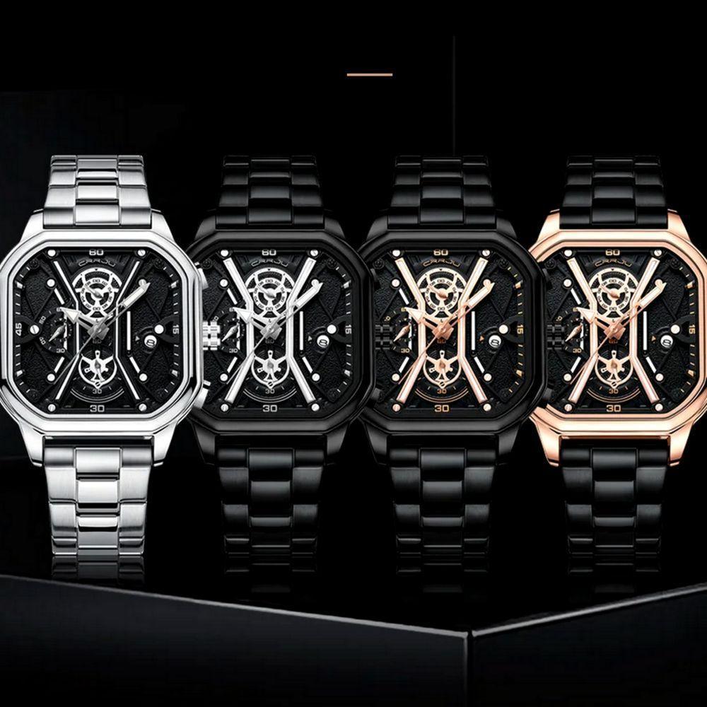 Relógio Masculino De Quartzo Em Aço Inoxidável Impermeável Design Quadrado Luminoso Preto Fosco - 3