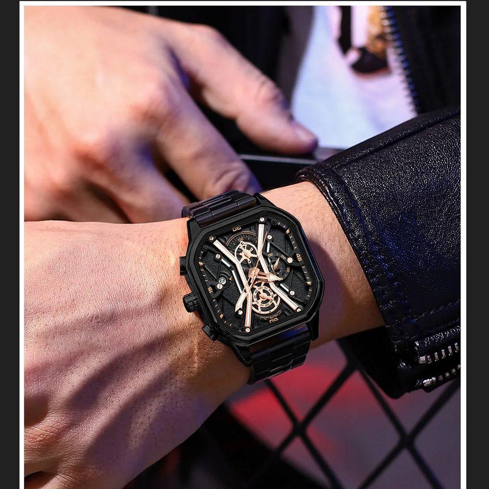 Relógio Masculino De Quartzo Em Aço Inoxidável Impermeável Design Quadrado Luminoso Preto Fosco - 4