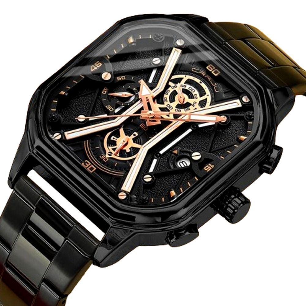 Relógio Masculino De Quartzo Em Aço Inoxidável Impermeável Design Quadrado Luminoso Preto Fosco - 5