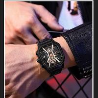 Relógio Masculino De Quartzo Em Aço Inoxidável Impermeável Design Quadrado Luminoso Preto Fosco