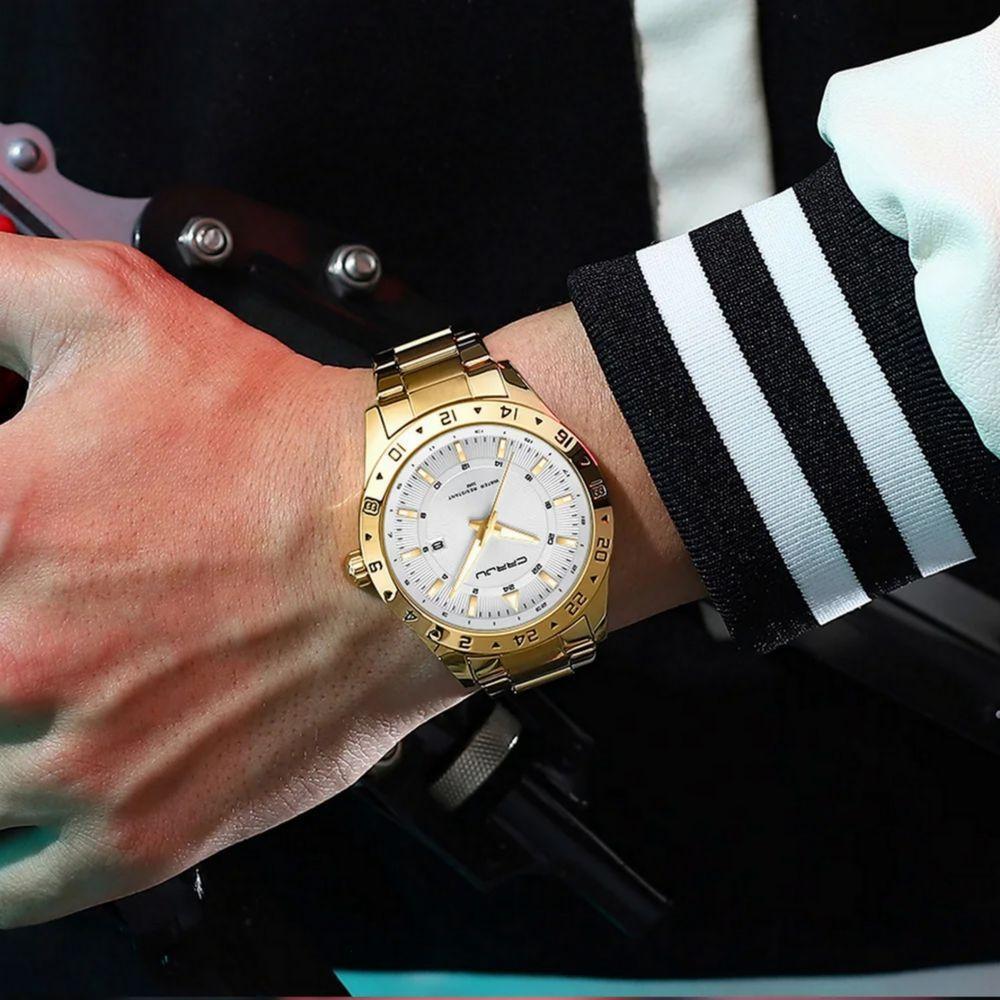 Relógio De Pulso Masculino Quartzo Design Esportivo Impermeavel 3atm Data Automatica Branco Dourado - 2